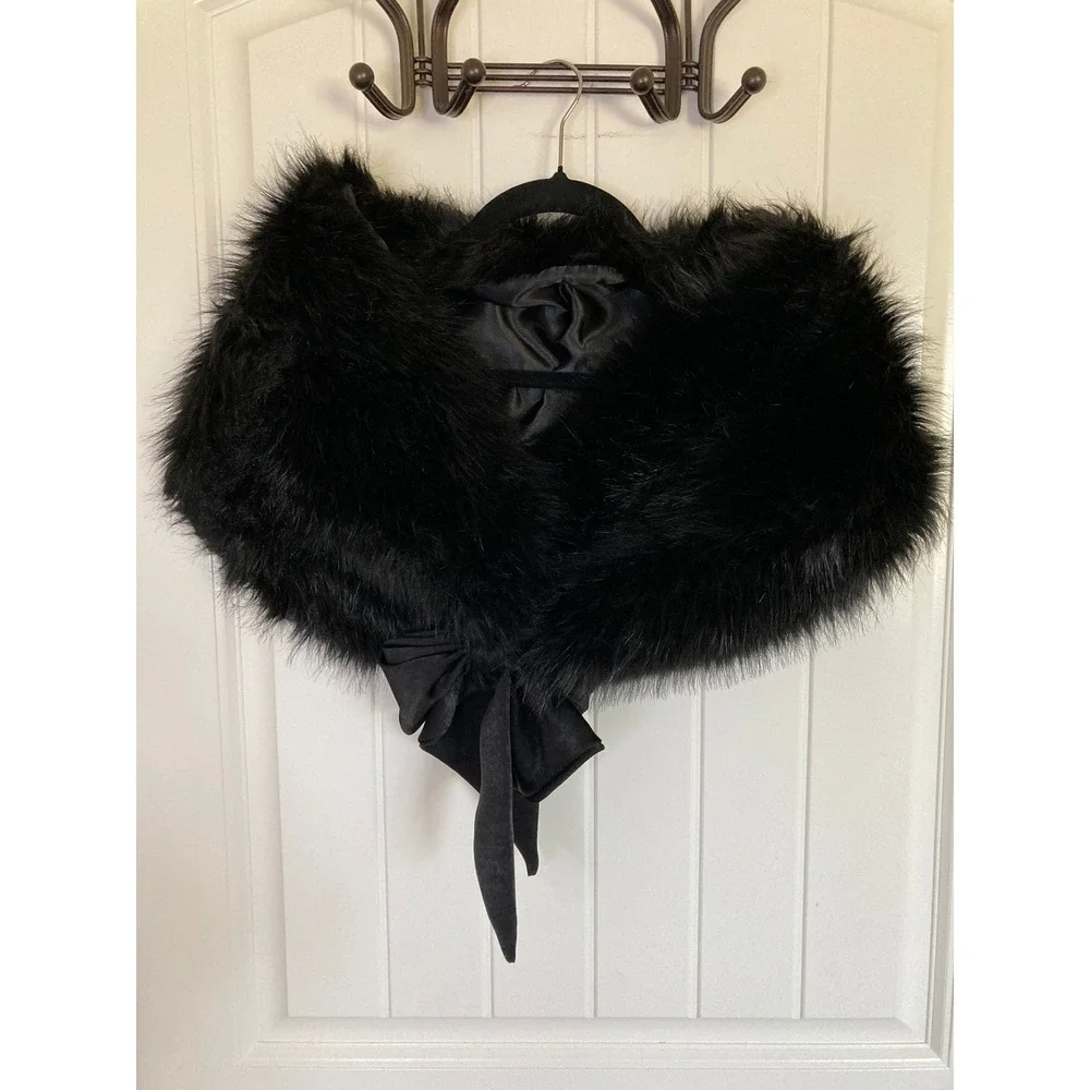 Black Faux Fur Stole Wrap with Front Bow Formal Evening Shrug One Size